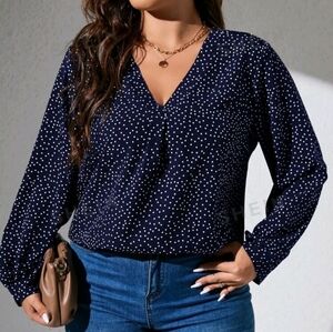 Long sleeve navy polka dot blouse